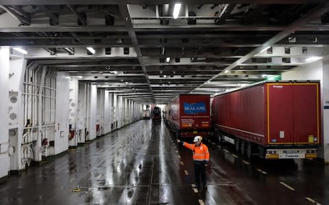 Lorry drivers are guided as they board a ferry to Calais at the port of Dover - Credit: Jack Taylor/Getty Images Europe 