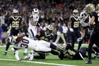 <p>Todd Gurley #30 of the Los Angeles Rams scores a touchdown against the New Orleans Saints during the second quarter in the NFC Championship game at the Mercedes-Benz Superdome on January 20, 2019 in New Orleans, Louisiana. (Photo by Jonathan Bachman/Getty Images) </p>