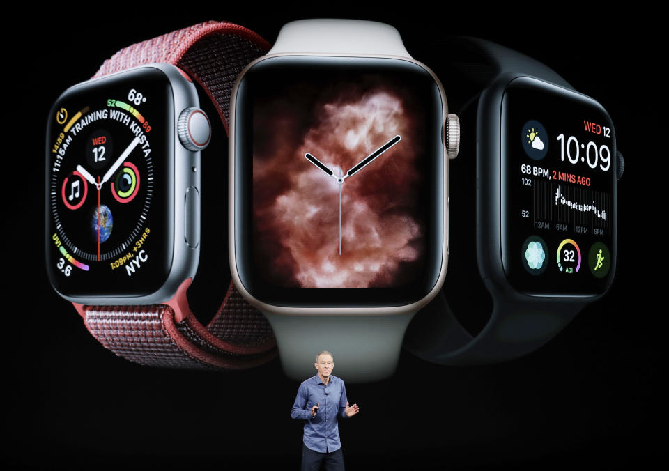 Jeff Williams, Apple's chief operating officer, speaks about the Apple Watch Series 4 at the Steve Jobs Theater during an event to announce new Apple products Wednesday, Sept. 12, 2018, in Cupertino, Calif. (AP Photo/Marcio Jose Sanchez)