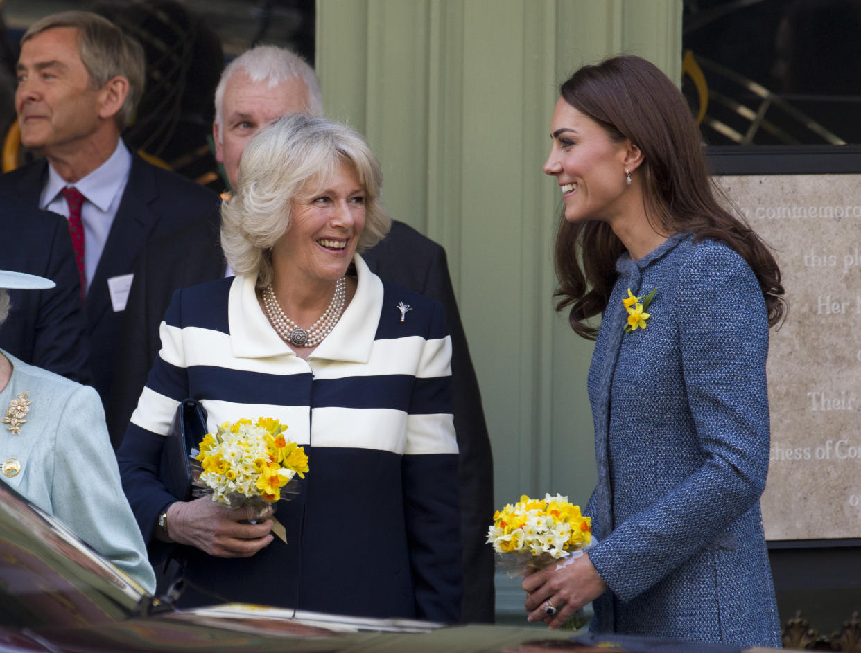 Camilla Parker, Duchess Of Cornwall And Catherine, Duchess Of Cambridge, Visit Fortnum & Mason, Piccadilly, London. The Queen Also Unveiled A Plaque To Commemorate The Refurbishment Of Piccadilly. (Photo by Julian Parker/UK Press via Getty Images)