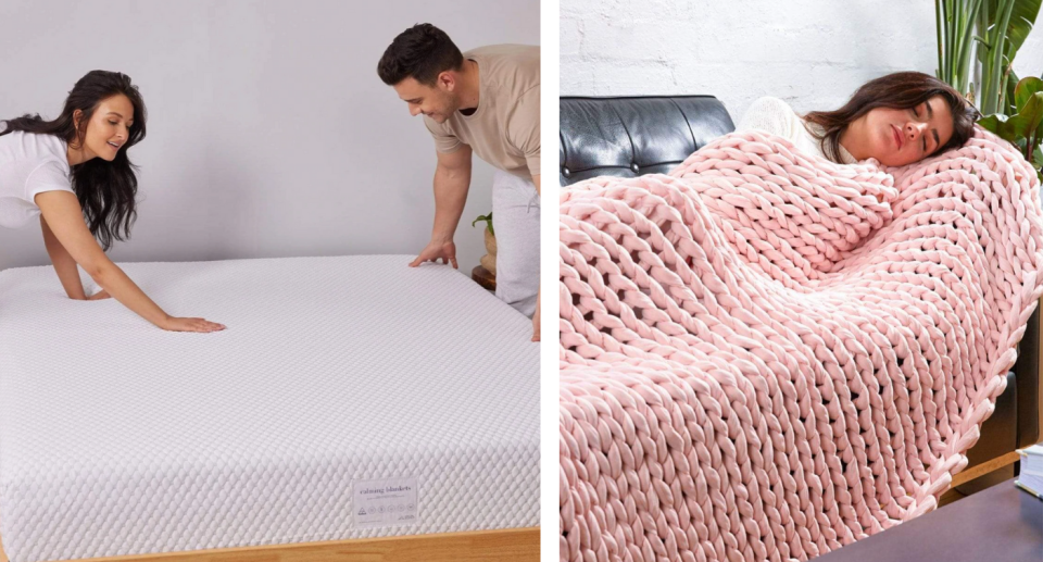 Image of dark-haired man and woman smoothing a mattress and at right, a woman napping on the lounge under a pink blanket.