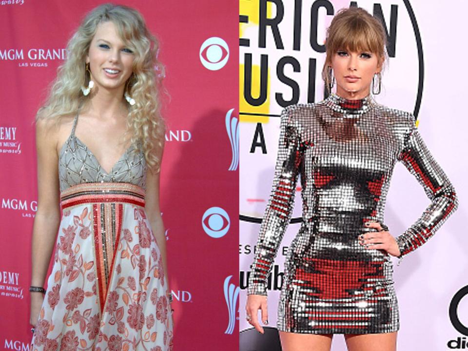 Taylor Swift in 2006 and at the American Music Awards in 2018.