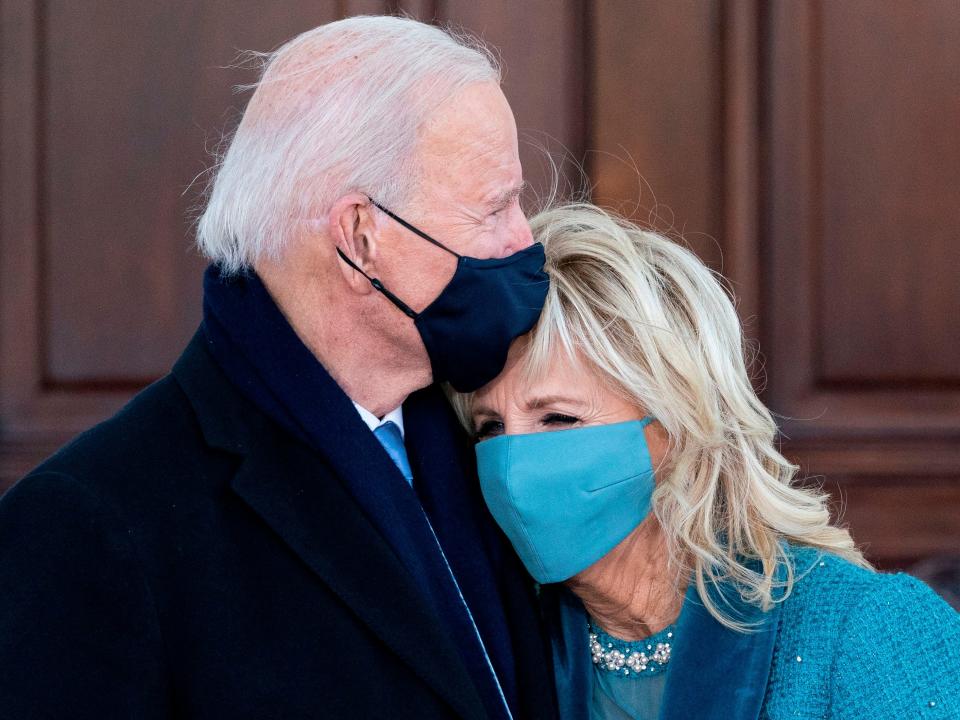 President Joe Biden hugs first lady Jill Biden at the inauguration in 2021.