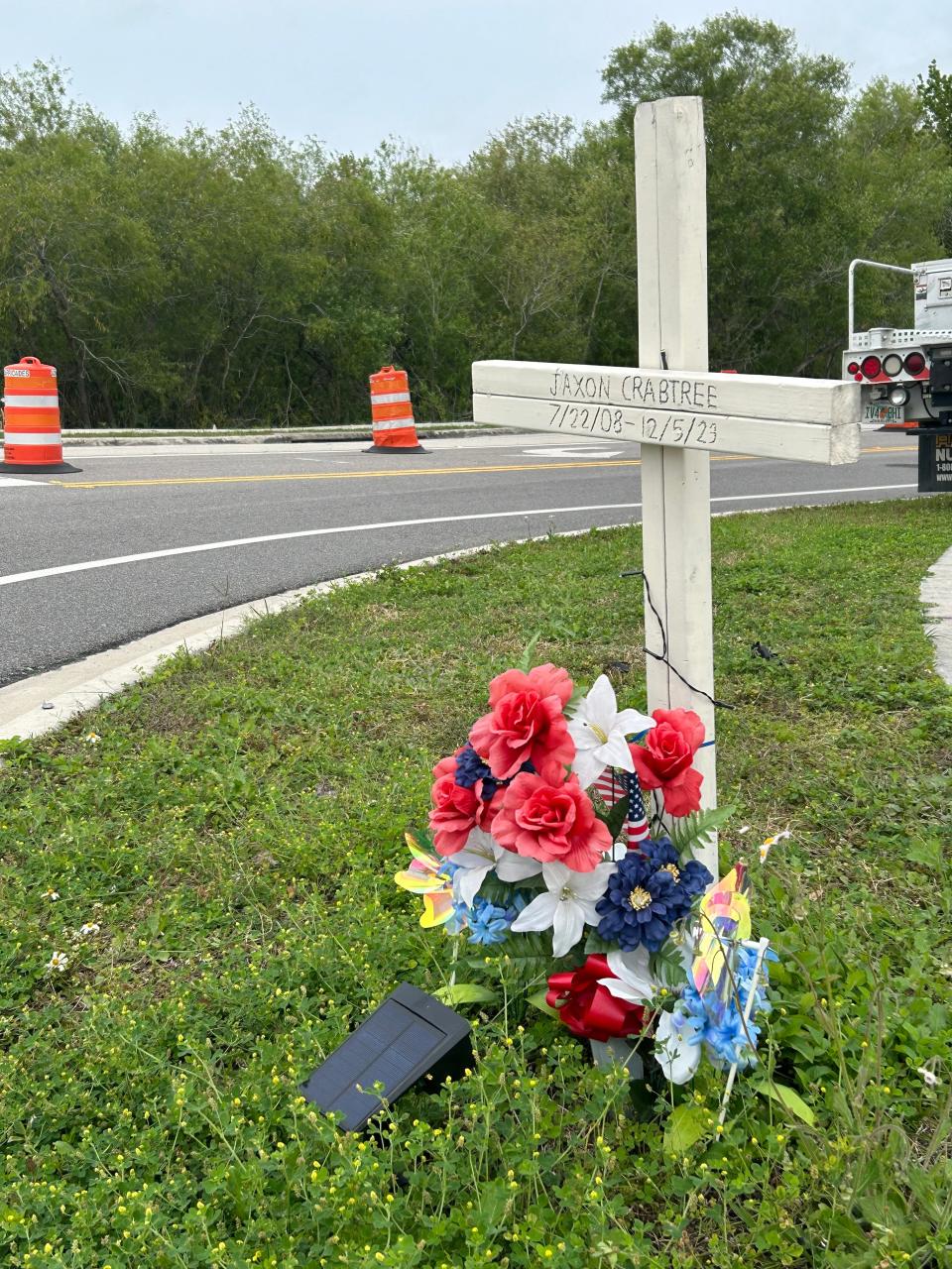 A memorial to Jaxon Crabtree sits at Pipkin and Medulla roads. Jaxon was killed in early December while crossing Pipkin Road en route to school at the Central Florida Aerospace Academy.