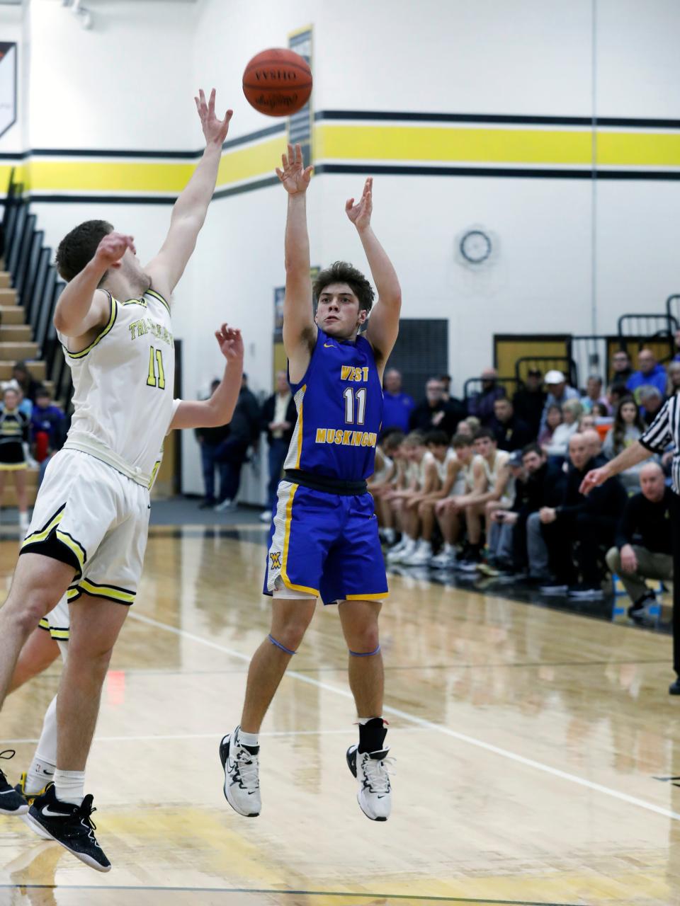 Jack Porter shoots a 3 during West Muskingum's 49-46 loss to host Tri-Valley on Tuesday night in Dresden. Porter finished with a team-high 15 points.