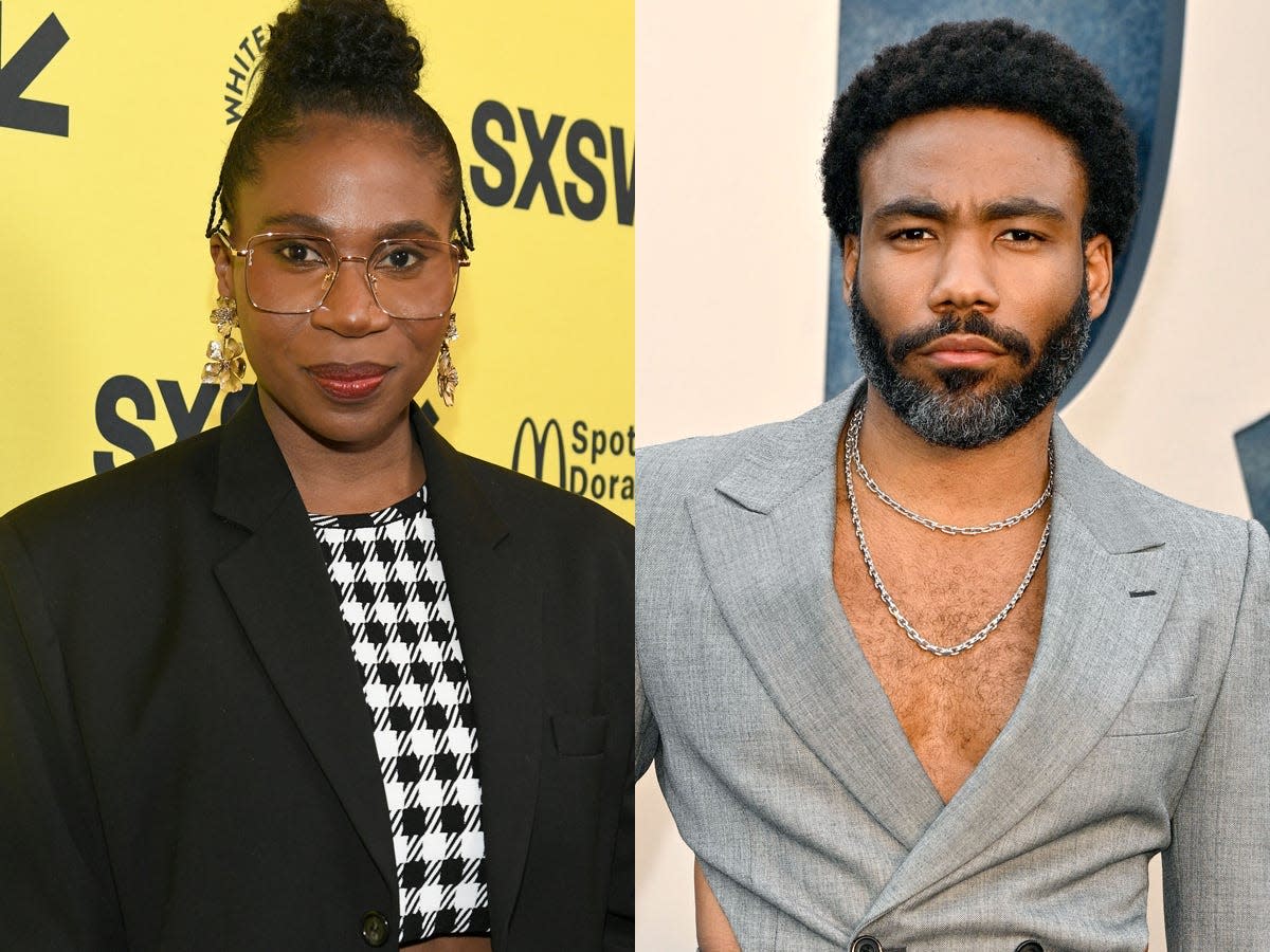 A side-by-side image of Janine Nabers, in a black jacket, glasses, and checkered top, and Donald Glover, in a gray suit with silver necklaces.