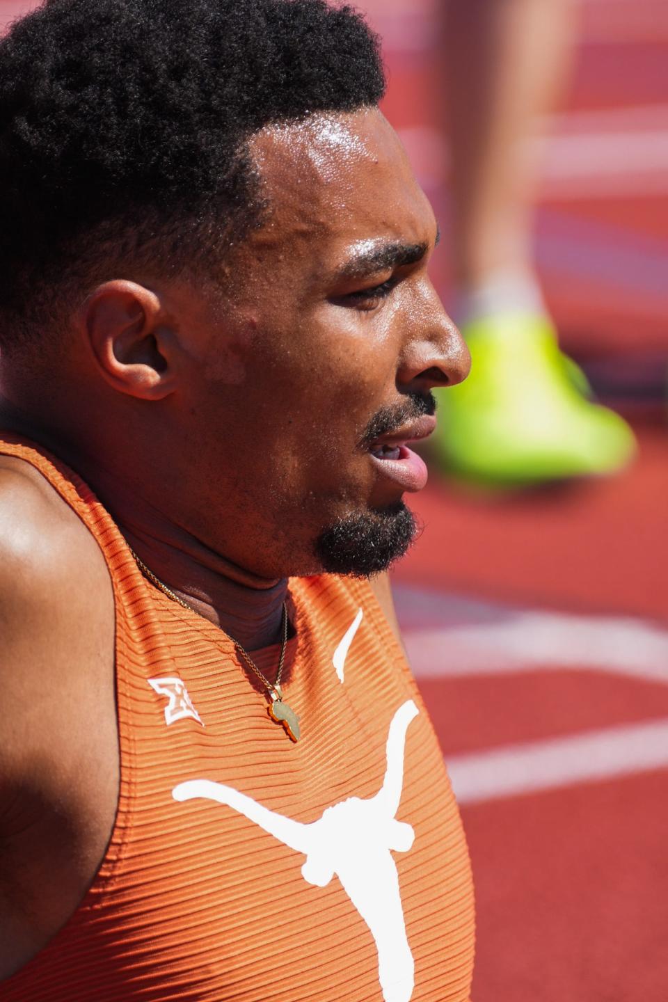 Texas senior decathlete Leo Neugebauer sits on the track after winning the decathlon at the Texas Relays on Thursday. The German-born Neugebauer is preparing for the NCAA Outdoor Championships and Paris Olympics this summer.