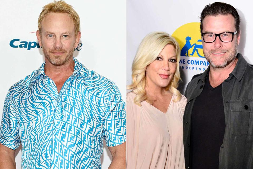 <p>getty (2)</p> From left: Ian Ziering; Tori Spelling and Dean McDermott
