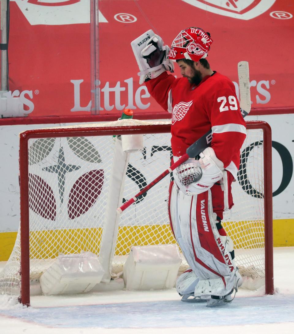 Detroit Red Wings goaltender Thomas Greiss (29) in net  during first period action Friday, Feb. 19, 2021, at Little Caesars Arena in Detroit.