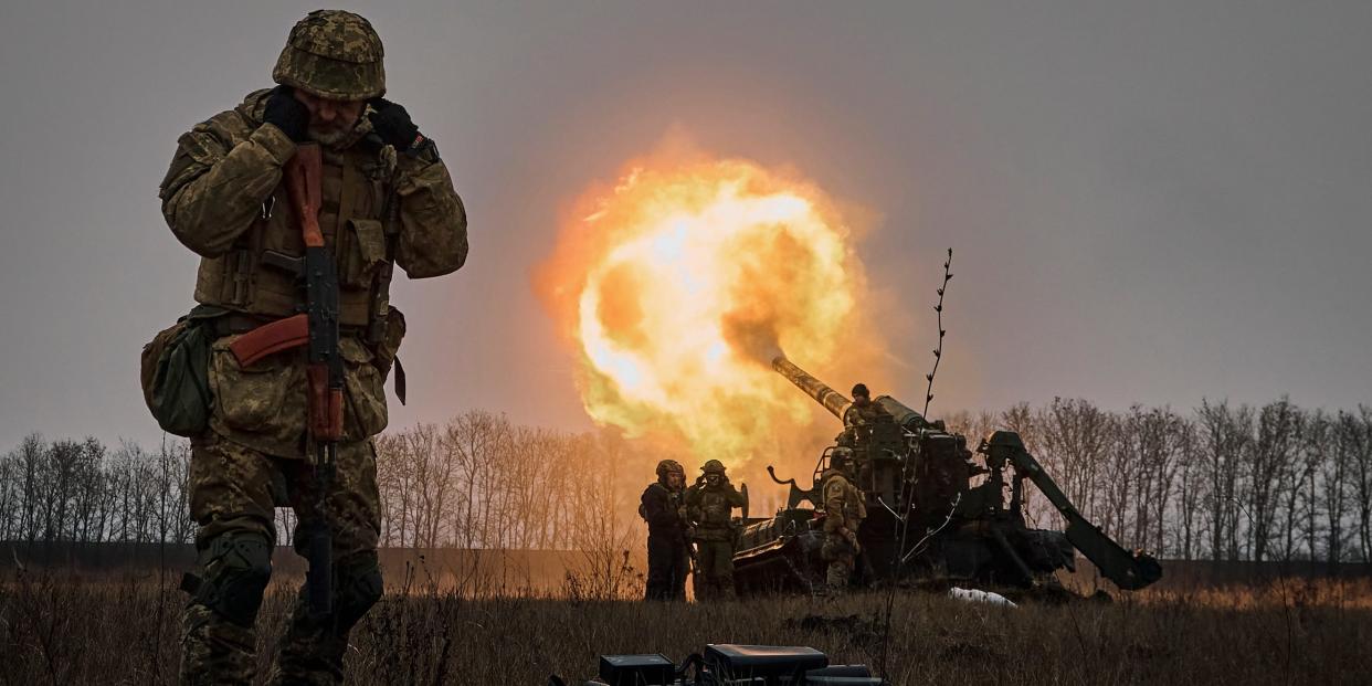 Ukrainian soldiers fire a Pion artillery system at Russian positions near Bakhmut, Donetsk region, Ukraine, Friday, Dec. 16, 2022.