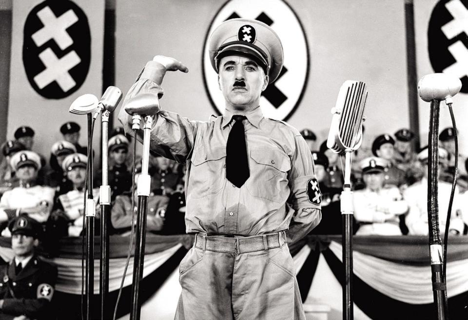 Charlie Chaplin directs and stars as a Hitler-esque fascist dictator in the 1940 political satire "The Great Dictator."