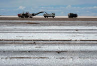 Trucks are seen near the lithium plant in Llipi, on the salt flats of Uyuni, Bolivia, November 29, 2017. REUTERS/David Mercado