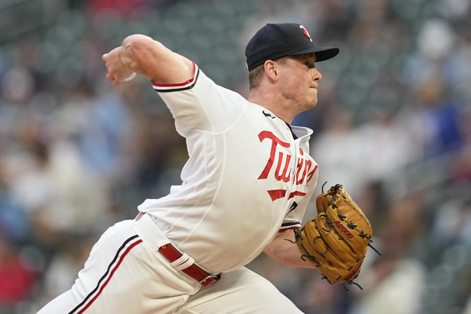 Minnesota Twins starting pitcher Louie Varland delivers during the second inning of a baseball game against the San Diego Padres, Tuesday, May 9, 2023, in Minneapolis. (AP Photo/Abbie Parr)