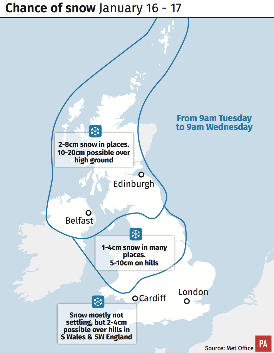 <em>More snow – sub-zero temperatures and snow hit the UK with more forecast on Tuesday into Wednesday (Picture: PA)</em>