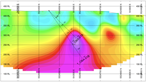 Chargeability section view (Holes OBA-01A and OBA-01B)