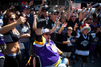 LOS ANGELES, CA - JUNE 11: Los Angeles Kings fans rally in front of the Staples Center before the start of Game 6 of the 2012 Stanley Cup Final June 11, 2012 in Los Angeles, California. A win in Game 6 against the New Jersey Devils would lead the Los Angeles Kings to their first championship in franchise history. (Photo by Jonathan Gibby/Getty Images)