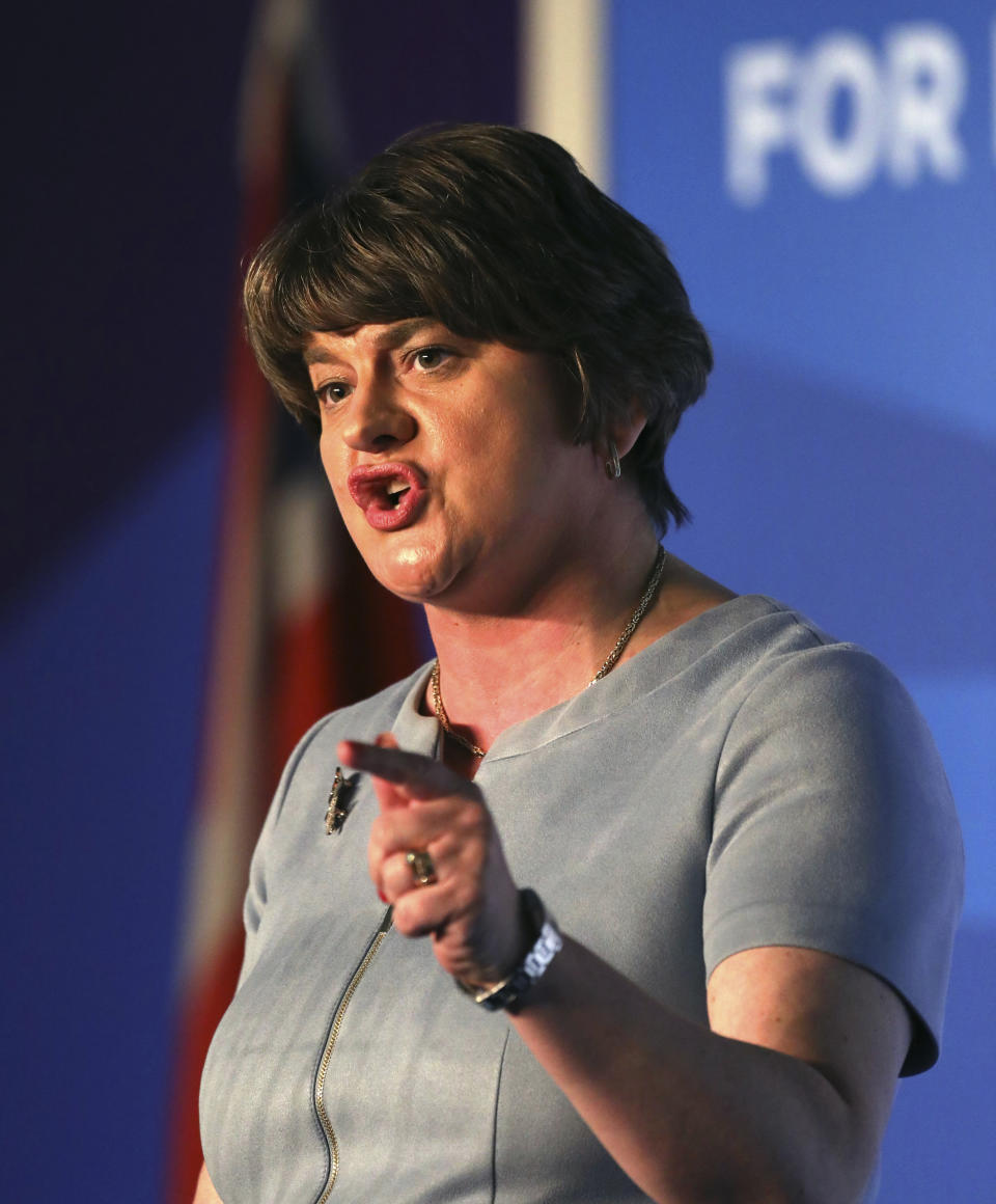 Democratic Unionist Party leader Arlene Foster speaks to delegates at the party's annual conference in Belfast, Northern Ireland, Saturday, Oct. 26, 2019. (AP Photo/Peter Morrison)