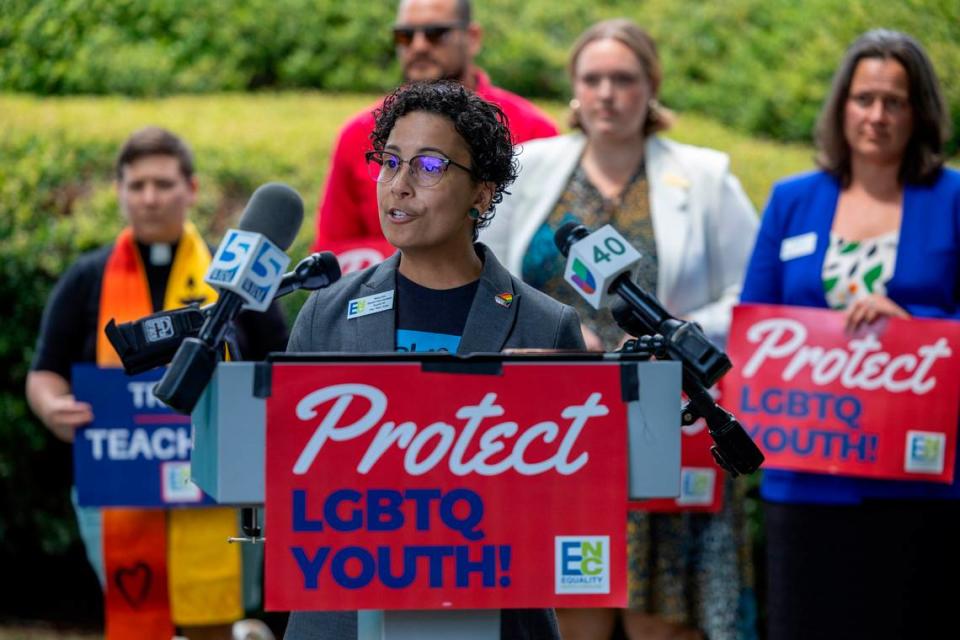 Rebby Kern of Equality NC speaks during a press conference opposing veto overrides of bills banning transgender athletes and restrictions on gender-affirming care for minors at the Legislative Building in Raleigh on Wednesday, Aug 16, 2023.