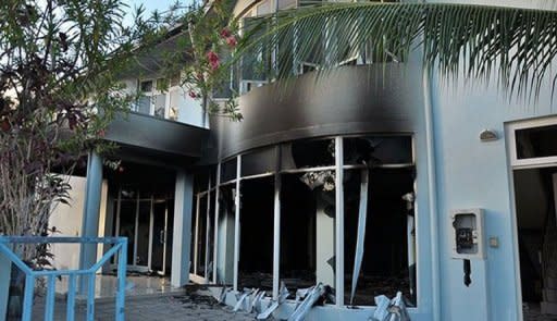 This photograph released by the Haveeru News Service shows the damaged police station in the city of Addu, the second largest city of the Maldives