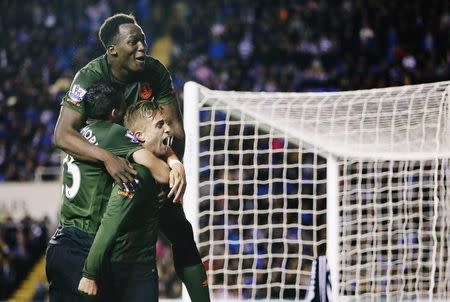 Football - Reading v Everton - Capital One Cup Third Round - The Madejski Stadium - 22/9/15 Everton's Gerard Deulofeu celebrates with Romelu Lukaku and Ramiro Funes Mori after scoring the second goal for his side Mandatory Credit: Action Images / Eddie Keogh Livepic