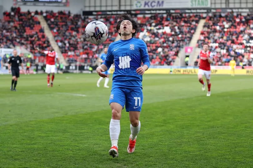 Koji Miyoshi of Birmingham City reacts during the Sky Bet Championship match between Rotherham United and Birmingham City at AESSEAL New York Stadium