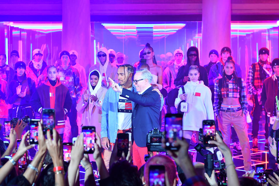 MILAN, ITALY - SEPTEMBER 16: Lewis Hamilton and the fashion designer Tommy Hilfiger pose during the Fall 2019 Tommy x Lewis Milan presentation during the Milan Fashion Week Spring/Summer 2020 on September 16, 2019 in Milan, Italy. (Photo by Jacopo Raule/Getty Images for Tommy Hilfiger)