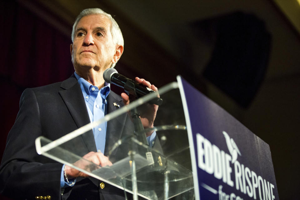 Louisiana Republican gubernatorial candidate Eddie Rispone addresses supporters at his election night watch party at L'Auberge Casino and Hotel in Baton Rouge, La., Saturday, Nov. 16, 2019. (AP Photo/Sophia Germer)
