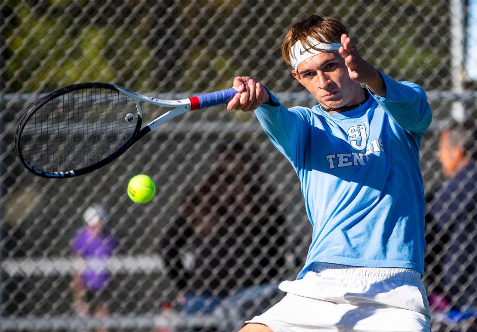 Saint Joseph No. 1 singles player Davis Borders during the first round of sectional tennis play Wednesday, Sept. 28, 2022 at Leeper Park in South Bend.