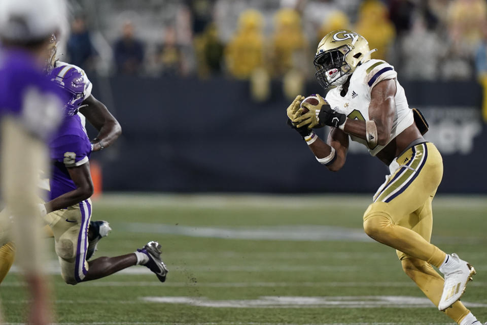 Georgia Tech defensive back Myles Sims (0) intercepts a Western Carolina pass during the first half of an NCAA college football game Saturday, Sept. 10, 2022, in Atlanta. (AP Photo/Brynn Anderson)