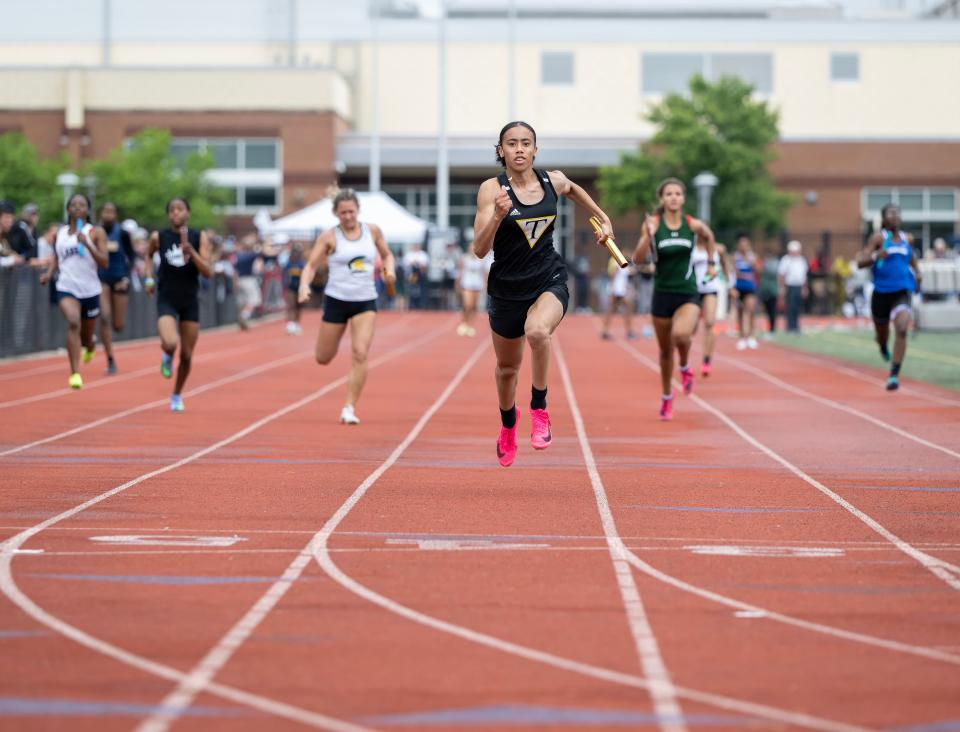 Tatnall’s Arianna Montgomery runs to the finish line in the Division II girls 4x200-meter relay at the DIAA Track & Field Championships at Dover High School on Saturday, May 20, 2023.