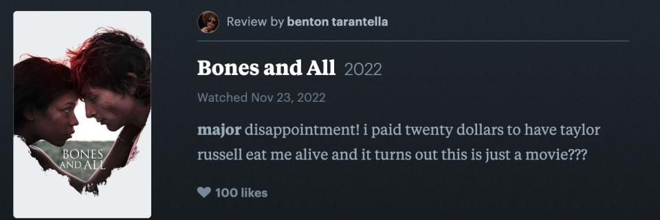 Letterboxd review for "Bones And All" with no star rating