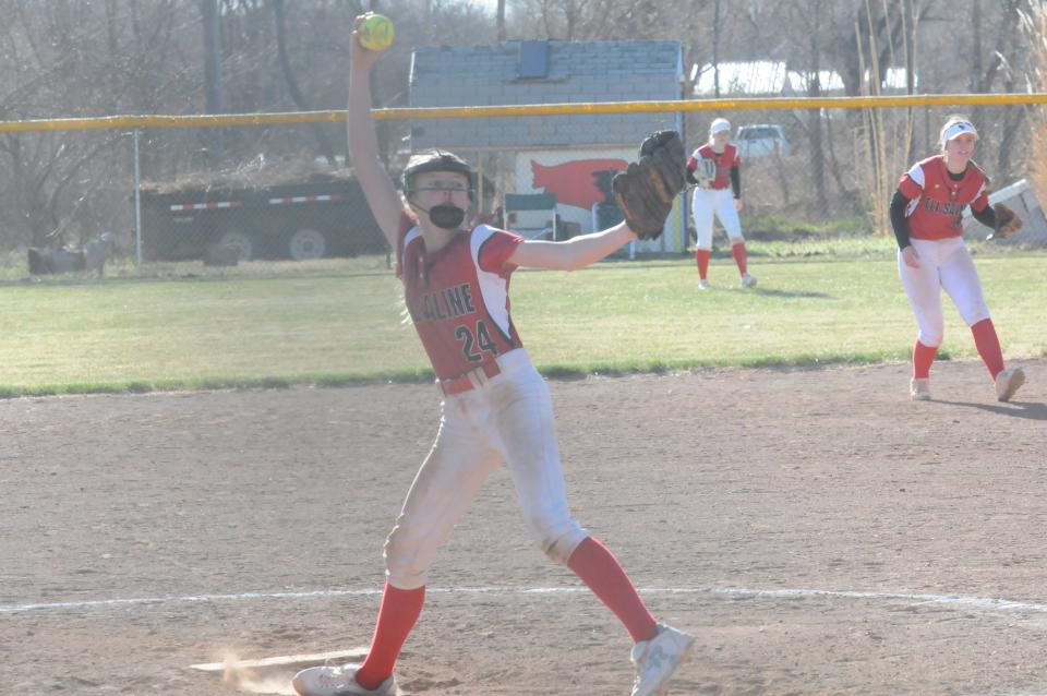 Ell-Saline's Valerie VanZant winds up for a pitch during Friday's doubleheader against Moundridge in Brookville.