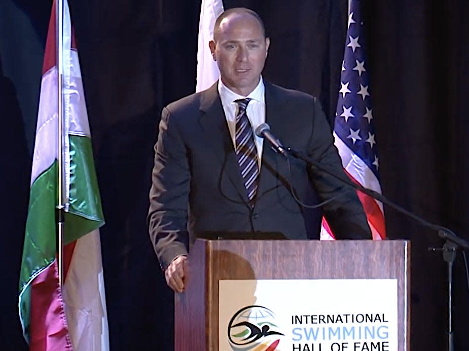 Jason Lezak speaks at his induction into the International Swimming Hall of Fame.