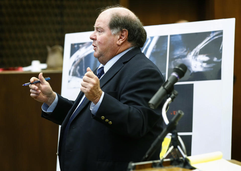 Lead prosecutor John Champion speaks during the retrial of Quinton Tellis in Batesville, Miss., on Wednesday, Sept. 26, 2018. Tellis is charged with burning 19-year-old Jessica Chambers to death in December 2014. Tellis has pleaded not guilty to the murder. (Mark Weber /The Commercial Appeal via AP, Pool)