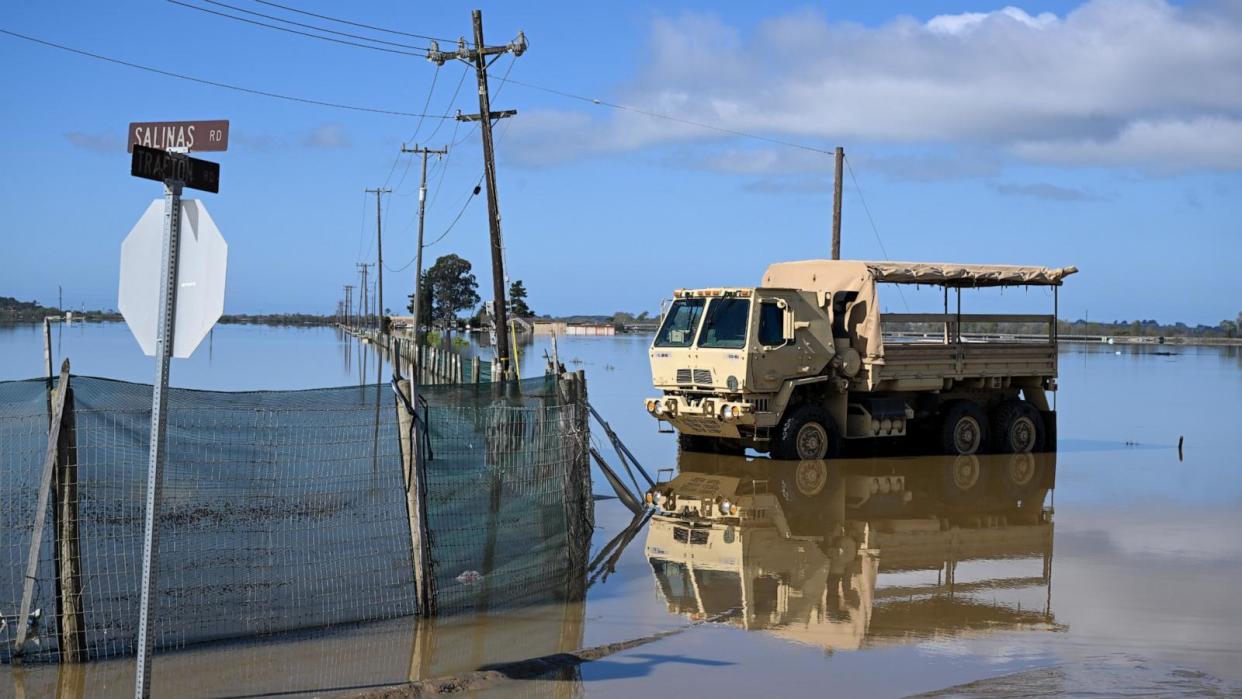 PHOTO: A National Guard truck is seen ahead of Gov. Newsom's press conference near Pajaro flooding after they toured damaged areas in Pajaro of Monterey County, California, March 15, 2023. (Anadolu Agency via Getty Images)