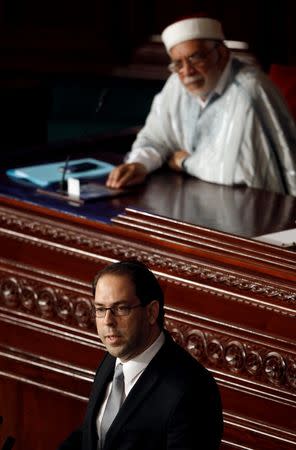 Tunisia's Prime Minister designate Youssef Chahed speaks at the Assembly of People's Representatives in Tunis, Tunisia August 26, 2016. REUTERS/Zoubeir Souissi