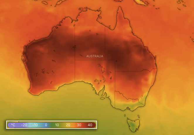 Forecast temperatures across Australia at 3pm on Monday. Source: Windy