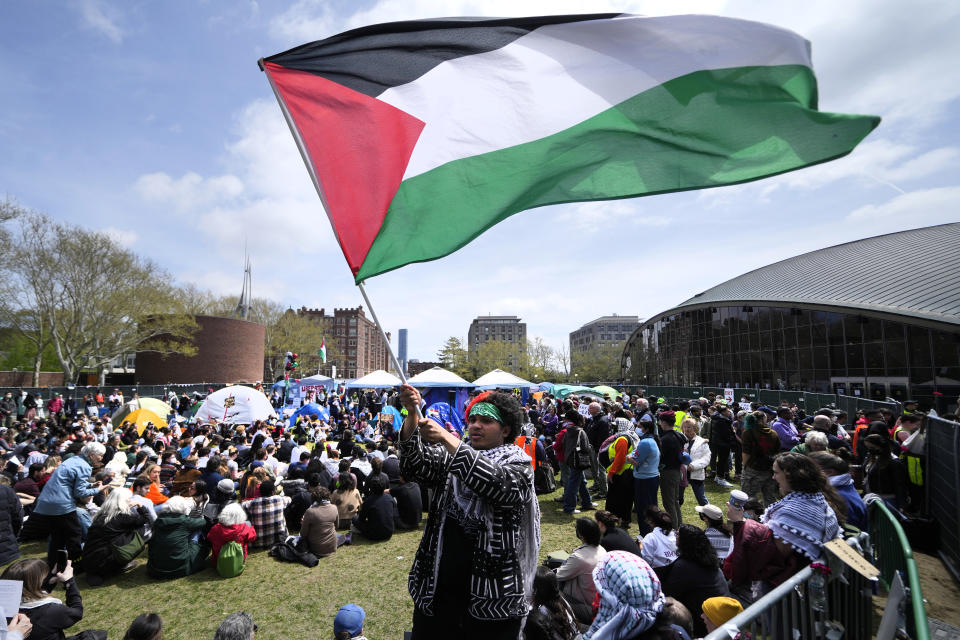 FILE - Students gather at a pro-Palestinian student encampment on the campus of the Massachusetts Institute of Technology, Friday, May 3, 2024, in Cambridge, Mass. A pro-Israel group counter demonstrated near the site. Israeli Prime Minister Benjamin Netanyahu has repeatedly accused critics of Israel or his policies of antisemitism, including the U.S. college campus protests and the prosecutor of the International Criminal Court. (AP Photo/Charles Krupa, File)