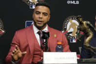 Nelson Cruz, 2021 Roberto Clemente Award winner speaks during a news conference before Game 2 of baseball's World Series between the Houston Astros and the Atlanta Braves Wednesday, Oct. 27, 2021, in Houston.(AP Photo/Sue Ogrocki)