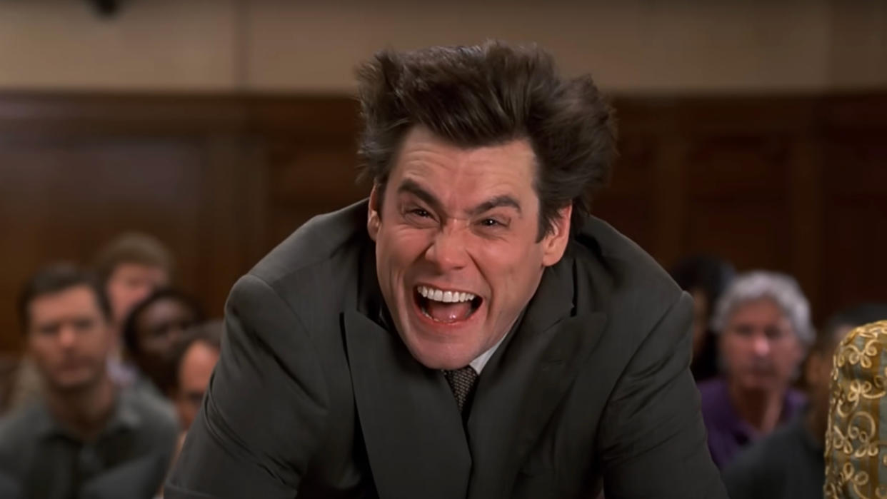  Jim Carrey with mussed hair and a look of madness in Liar Liar. 