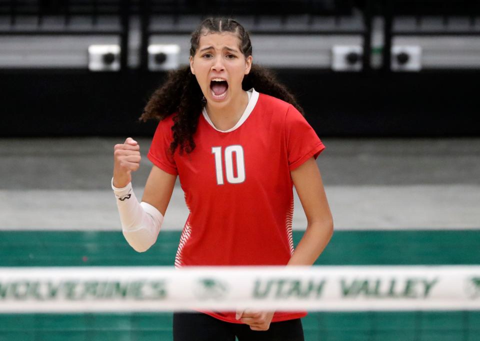 Bountiful’s Taylor Harvey cheers during a 5A volleyball state tournament quarterfinal game against Skyline at the UCCU Center in Orem on Thursday, Nov. 2, 2023. | Kristin Murphy, Deseret News