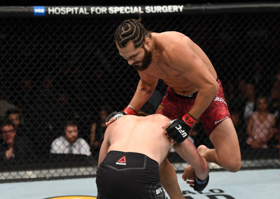 Jorge Masvidal won multiple 'Knockout of the Year' awards for this knee on Ben Askren in their welterweight fight during the UFC 239 event at T-Mobile Arena on July 6, 2019 in Las Vegas, Nevada. (Getty Images)