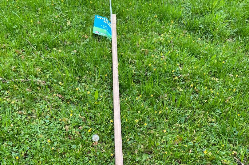A deliberately damaged Conservative Party sign and snapped pole n the 2023 Ribble Valley local elections