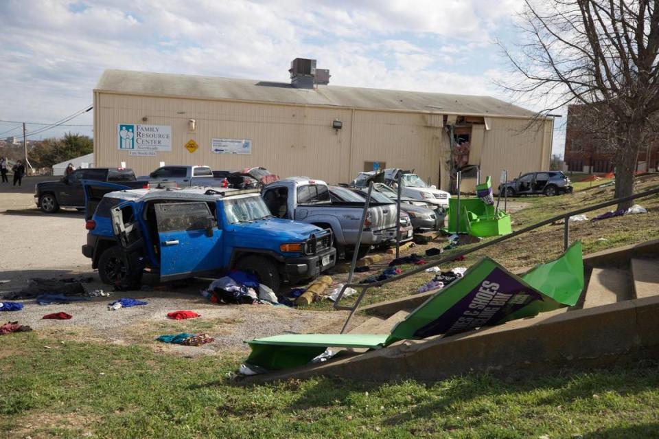 A car crashed into other vehicles in a parking lot and then into a building at JP Elder Middle School on March 1, 2021, in Fort Worth.