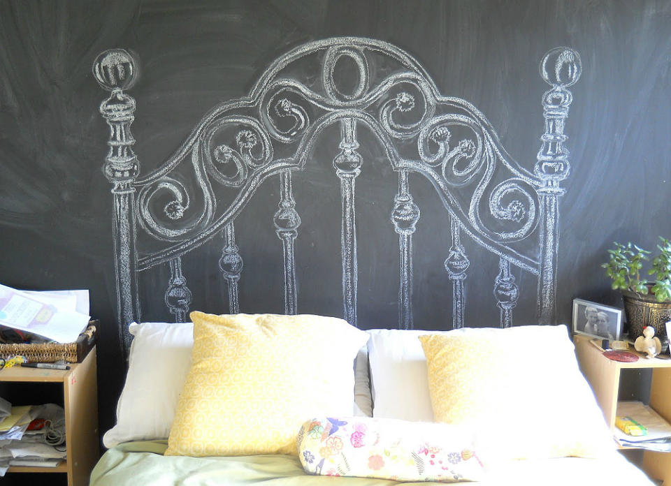 <body> <p>If you have a hard time making a decision or committing to a certain style, then this easy removable headboard is the perfect solution for your bedroom. Apply <a rel="nofollow noopener" href=" http://www.bobvila.com/slideshow/10-reasons-to-go-crazy-for-chalkboard-paint-44471?bv=yahoo" target="_blank" data-ylk="slk:chalkboard paint;elm:context_link;itc:0;sec:content-canvas" class="link ">chalkboard paint</a> to the wall behind your bed, and when it's dry, draw your headboard on with chalk. The best part of this budget-friendly hack is that you can change it as often as you like, doodling new designs whenever your tastes change. </p> <p><strong>Related: <a rel="nofollow noopener" href=" http://www.bobvila.com/slideshow/9-things-you-can-do-with-1-gallon-of-paint-48398?bv=yahoo" target="_blank" data-ylk="slk:9 Things You Can Do with 1 Gallon of Paint;elm:context_link;itc:0;sec:content-canvas" class="link ">9 Things You Can Do with 1 Gallon of Paint</a> </strong> </p> </body>