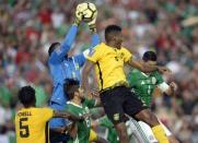 July 23, 2017; Pasadena, CA, USA; Jamaica goalkeeper Andre Blake (1) makes a save against Mexico during the second half at Rose Bowl. Gary A. Vasquez-USA TODAY Sports