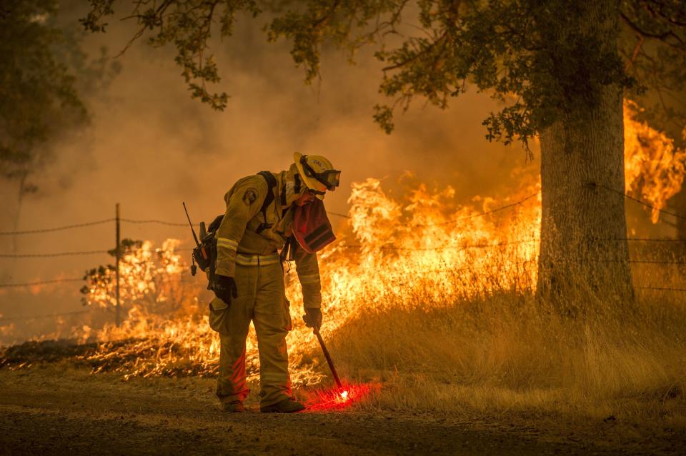 A Cal Fire firefighter creates a back burn on Cloverdale Road near Redding on Saturday, July 28, 2018 during the Carr Fire.