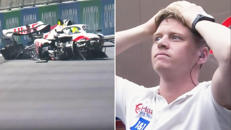 Haas team members held their breath after Mick Schumacher's horror crash in qualifying for the Saudi Arabian GP. Pic: F1