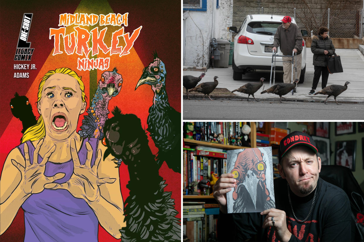 A composite photo. Clockwise, a picture of the comic book cover, 