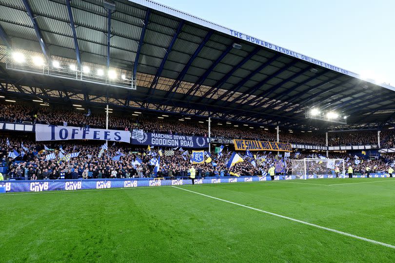 A general view if the Gwladys Street Stand full of fans flags and banners before the Premier League match between <a class="link " href="https://sports.yahoo.com/soccer/teams/everton/" data-i13n="sec:content-canvas;subsec:anchor_text;elm:context_link" data-ylk="slk:Everton FC;sec:content-canvas;subsec:anchor_text;elm:context_link;itc:0">Everton FC</a> and <a class="link " href="https://sports.yahoo.com/soccer/teams/liverpool/" data-i13n="sec:content-canvas;subsec:anchor_text;elm:context_link" data-ylk="slk:Liverpool FC;sec:content-canvas;subsec:anchor_text;elm:context_link;itc:0">Liverpool FC</a> at Goodison Park on April 24, 2024 -Credit:Photo by Tony McArdle/Everton FC via Getty Images